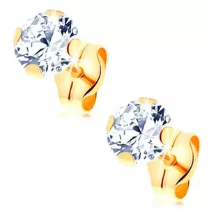 Cercei din aur galben de 14K - montură cu zirconiu rotund transparent, 5 mm imagine