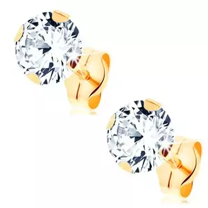 Cercei din aur galben de 14K, cu șurub - zirconiu rotund transparent, 6 mm imagine