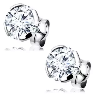 Cercei din aur alb 14K - zirconiu rotund transparent în montură, 6 mm imagine