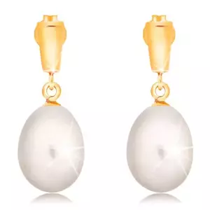 Cercei din aur 14K - perlă albă ovală, bandă strălucitoare imagine