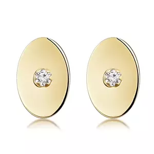 Cercei din aur galben de 9K - oval plat, zircon transparent în centru, știfturi imagine