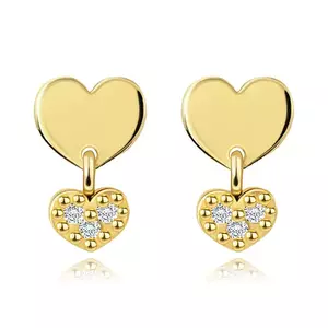 14K gold earrings with two hearts and clear brilliants imagine