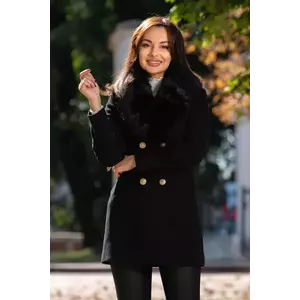 Palton dama Anastasia negru din stofa cu guler din blana ecologica detasabila imagine