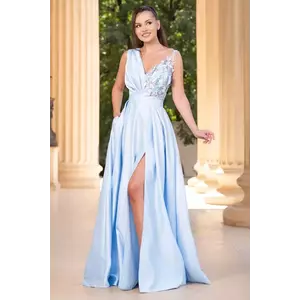 Rochie eleganta lunga din tafta bleu Saturn cu flori 3D imagine
