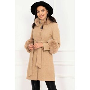 Palton elegant Lyana din lana camel captusit pe interior cu insertii de blana imagine