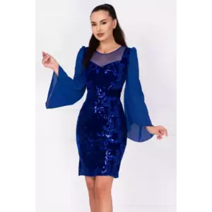 Rochie de ocazie din catifea albastra Celine cu maneci din voal si model paietat imagine