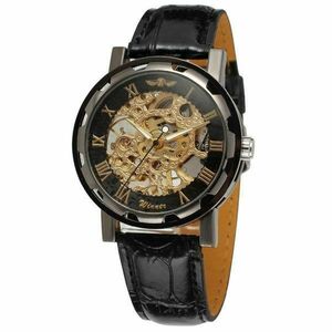 Ceas barbatesc Winner model 2018 schelet auriu curea din piele neagra mecanism automatic-mecanic stil Fashion + cutie cadou imagine