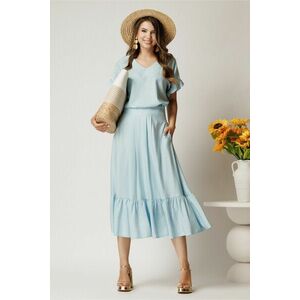 Fusta midi bleu din rayon in clos cu volan la baza imagine