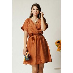 Rochie scurta maro din tencel in clos cu elastic si cordon in talie imagine