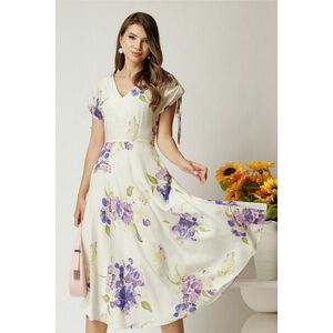 Rochie midi alba din viscoza cu flori mov in clos cu maneci scurte imagine