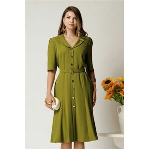 Rochie midi verde din triplu voal cu nasturi si cordon imagine