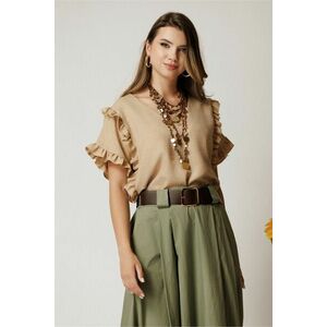 Bluza bej din rayon cu croi drept si volane la maneci imagine