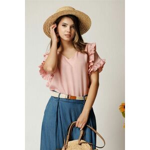 Bluza roz din rayon cu croi drept si volane la maneci imagine