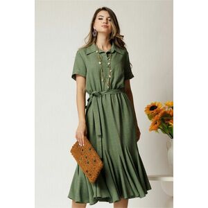 Rochie midi kaki din viscoza in clos cu nasturi si cordon imagine