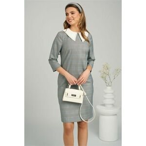 Rochie DY Fashion office din stofa gri cu carouri bleu si guler alb imagine