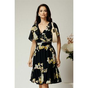 Rochie midi bleumarin din voal cu flori galbene si volane imagine