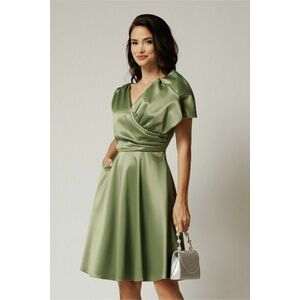 Rochie midi verde fistic din tafta in clos cu funda si perle la bust imagine