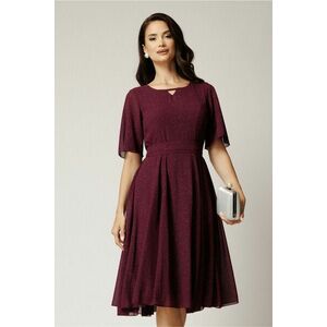 Rochie DY Fashion midi bordo din voal in clos cu glitter si cordon in talie imagine