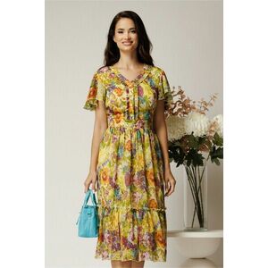 Rochie midi verde din voal cu imprimeuri mov in clos cu volanase imagine