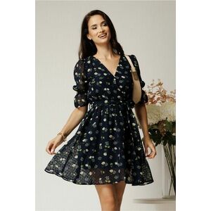 Rochie DY Fashion scurta bleumarin din voal cu floricele si cordon in talie imagine