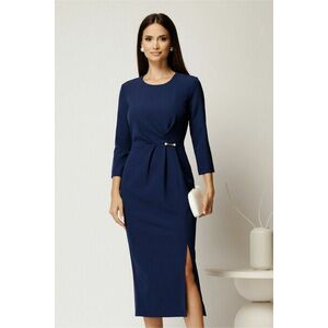 Rochie midi albastra din stofa conica cu pense si accesoriu in talie imagine
