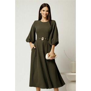 Rochie midi kaki din crep in clos cu maneci bufante si curea in talie imagine