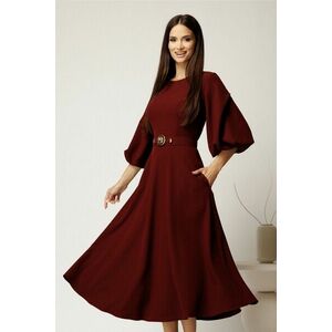 Rochie midi bordo din crep in clos cu maneci bufante si curea in talie imagine