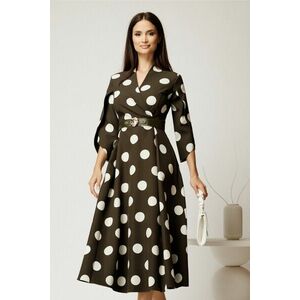 Rochie midi kaki din stofa in clos cu buline mari si curea in talie imagine