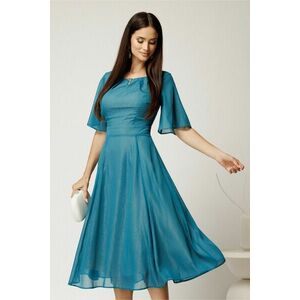 Rochie DY Fashion midi turcoaz din voal in clos cu fir lurex si accesoriu la decolteu imagine