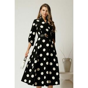 Rochie midi neagra din stofa in clos cu buline mari si curea in talie imagine