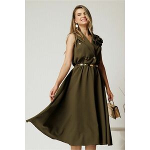 Rochie midi kaki din stofa in clos cu floare si nasturi la bust imagine