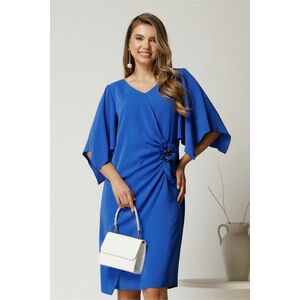 Rochie midi albastra din voal cu floare si volan in talie imagine