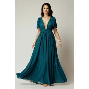 Rochie DY Fashion lunga turcoaz din voal in clos cu strasuri si tull la decolteu imagine