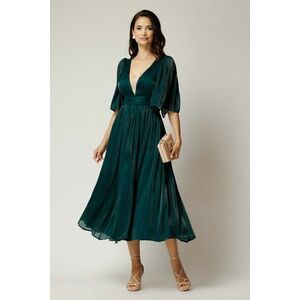 Rochie DY Fashion midi verde pin din voal in clos cu tull la decolteu si crapatura pe picior imagine