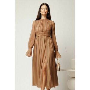 Rochie DY Fashion midi bej din tulle fin in clos cu crapatura pe picior imagine