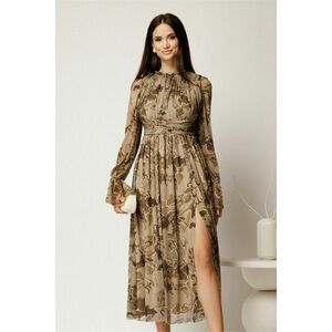 Rochie DY Fashion midi kaki cu imprimeu din tulle fin in clos cu crapatura pe picior imagine