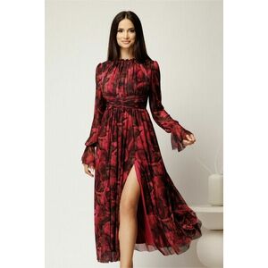 Rochie DY Fashion midi bordo cu imprimeu din tulle fin in clos cu crapatura pe picior imagine