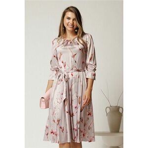 Rochie midi roz in clos din triplu voal cu imprimeuri florale si cordon in talie imagine