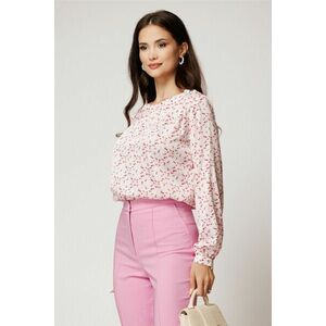 Bluza alba cu flori roz eleganta din voal satinat cu perle pe umar imagine