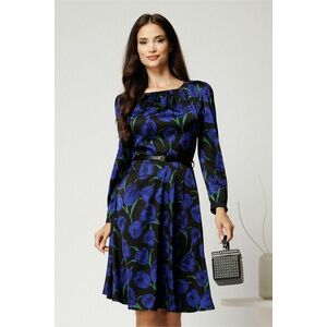 Rochie scurta neagra din voal satinat cu imprimeuri florale albastre imagine