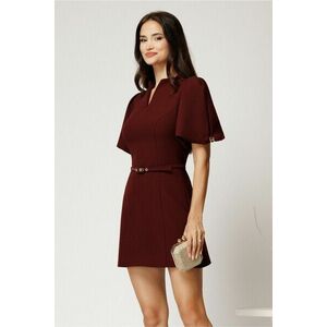Rochie scurta bordo din stofa cu croi in clini si curea in talie imagine