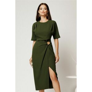 Rochie midi kaki cambrata din triplu voal cu funda si accesoriu pe fusta imagine