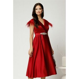 Rochie midi bordo din tafta cu pene la umeri si cordon in talie imagine