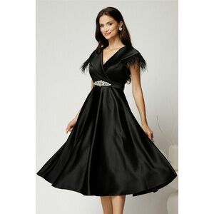 Rochie midi neagra din tafta cu pene la umeri si cordon in talie imagine