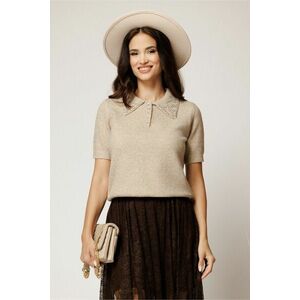 Bluza bej din tricot cu maneci scurte si strasuri pe guler imagine