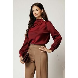 Bluza eleganta din satin bordo cu perle si pliuri pe umar imagine