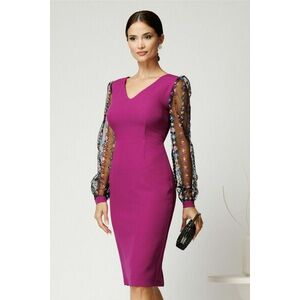 Rochie DY Fashion midi magenta din stofa conica cu maneci din dantela imagine