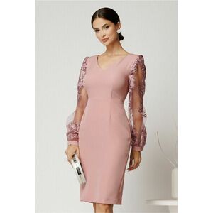 Rochie DY Fashion midi roz din stofa conica cu maneci din dantela imagine