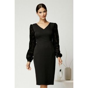 Rochie DY Fashion midi neagra din stofa conica cu maneci din dantela imagine