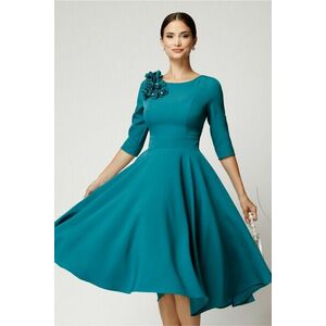 Rochie DY Fashion midi turcoaz din stofa in clos cu floare la bust imagine